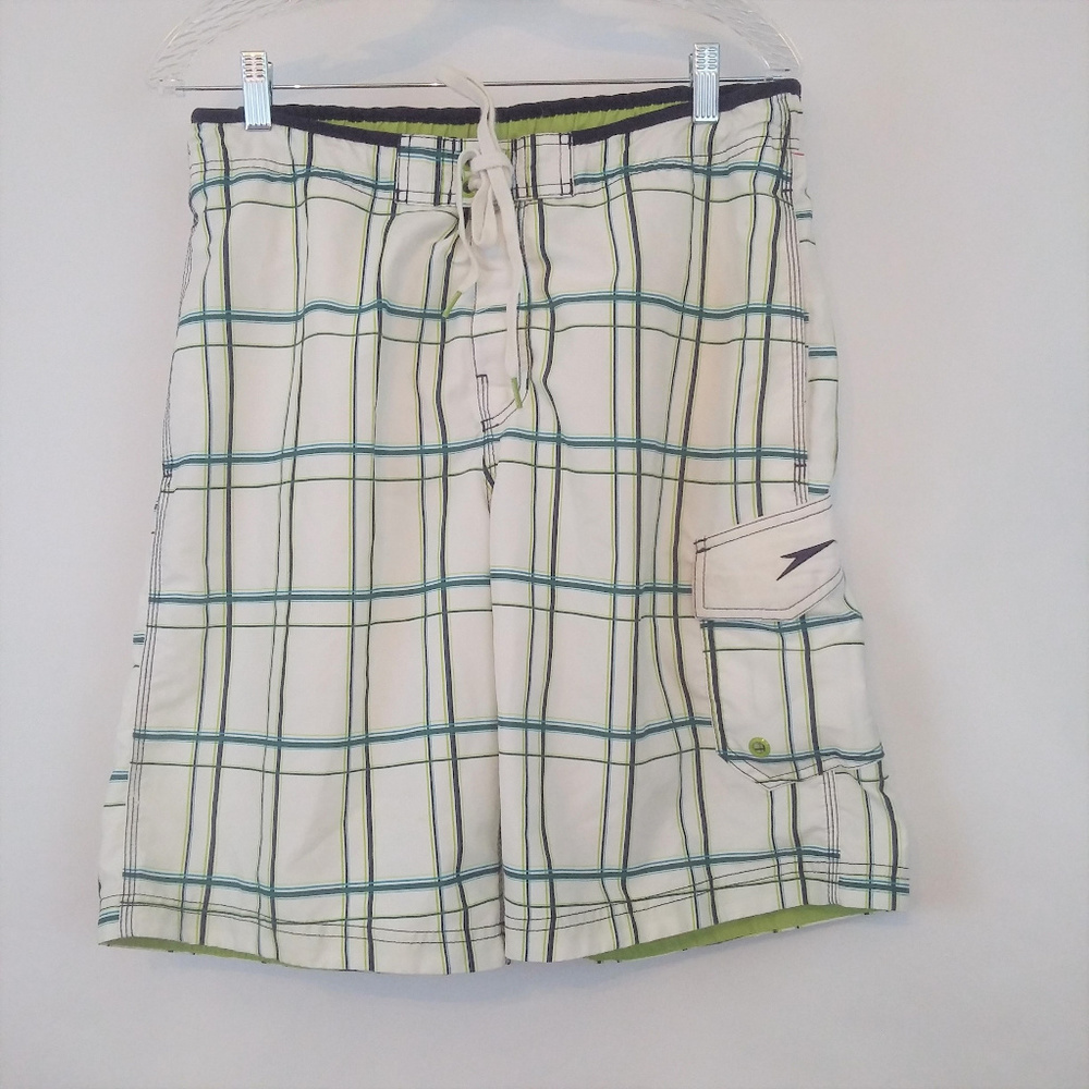 Speedo Men's Med White Green Striped Swim Trunks